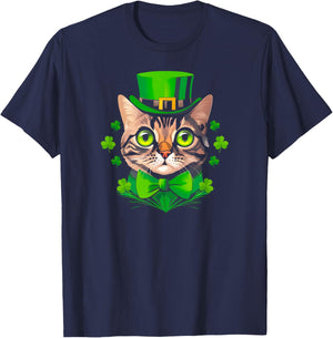 St Patricks Day Shamrock Cat Saint Pattys Women Girls Kids T-Shirt - T-Shirt | Navy