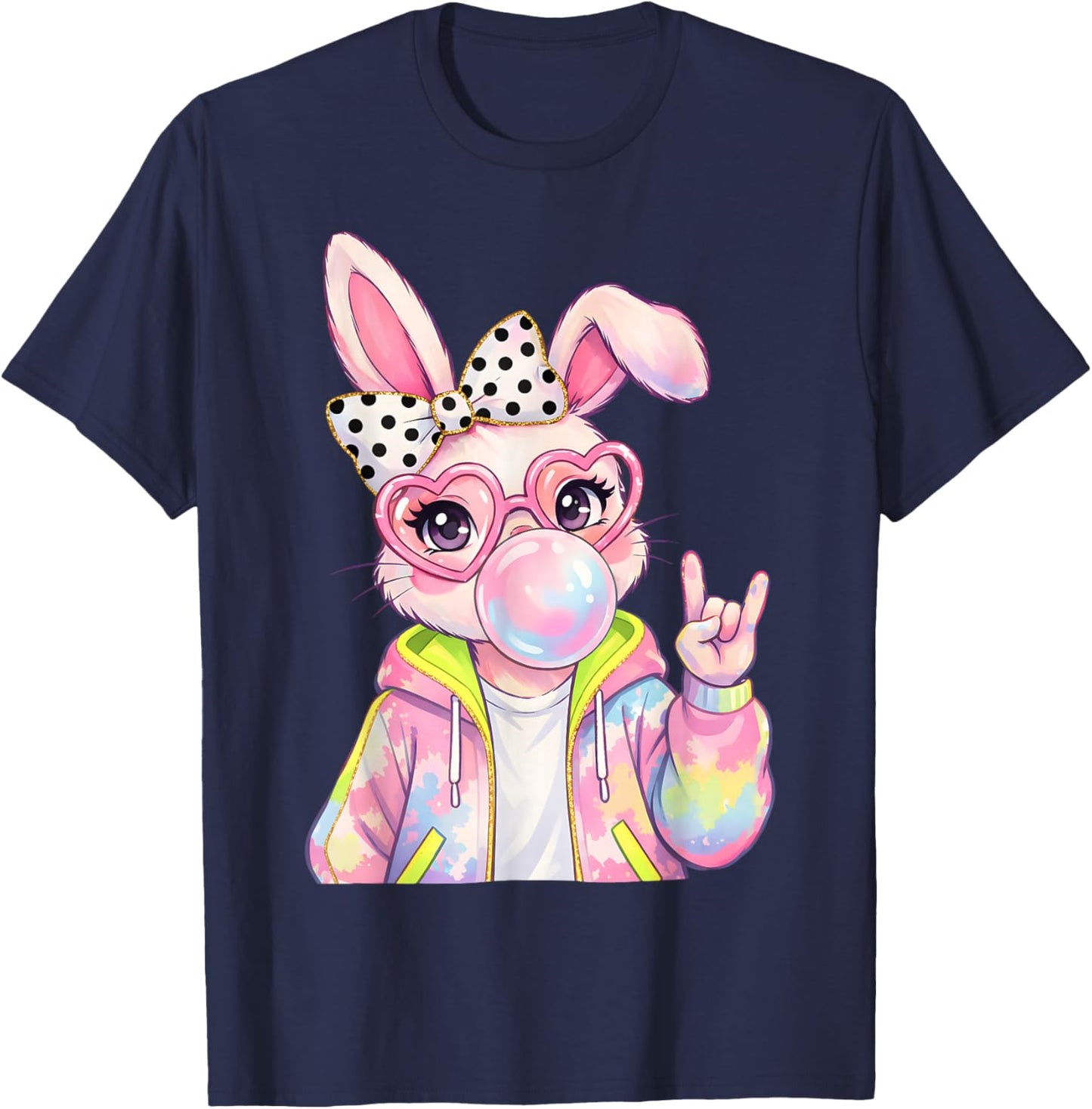 Bunny Face with Tie Dye Glasses Happy Easter Day Girl Women T-Shirt - T-Shirt | Navy