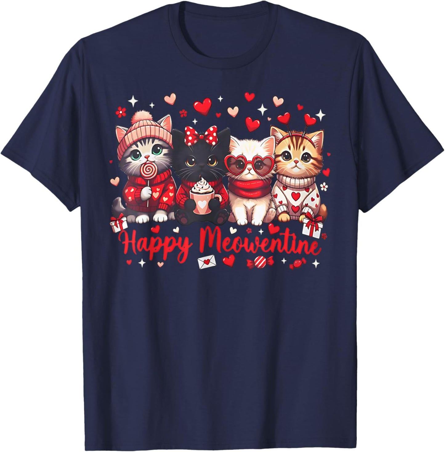 Happy Meowentines Cute Valentine Cat Lovers Girls Women Kid T-Shirt - T-Shirt | Navy