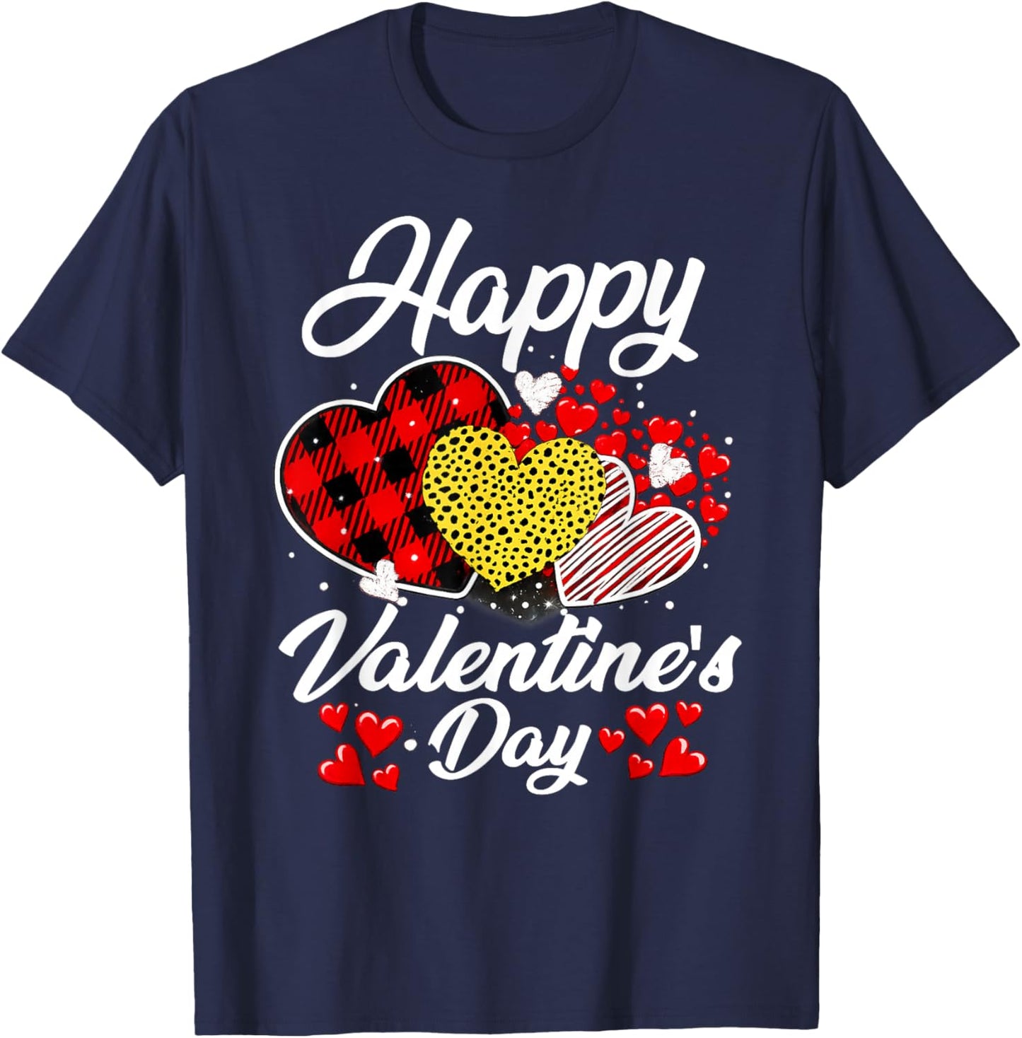 Happy Valentine's Day Hearts with Leopard Plaid Valentine T-Shirt - T-Shirt | Navy