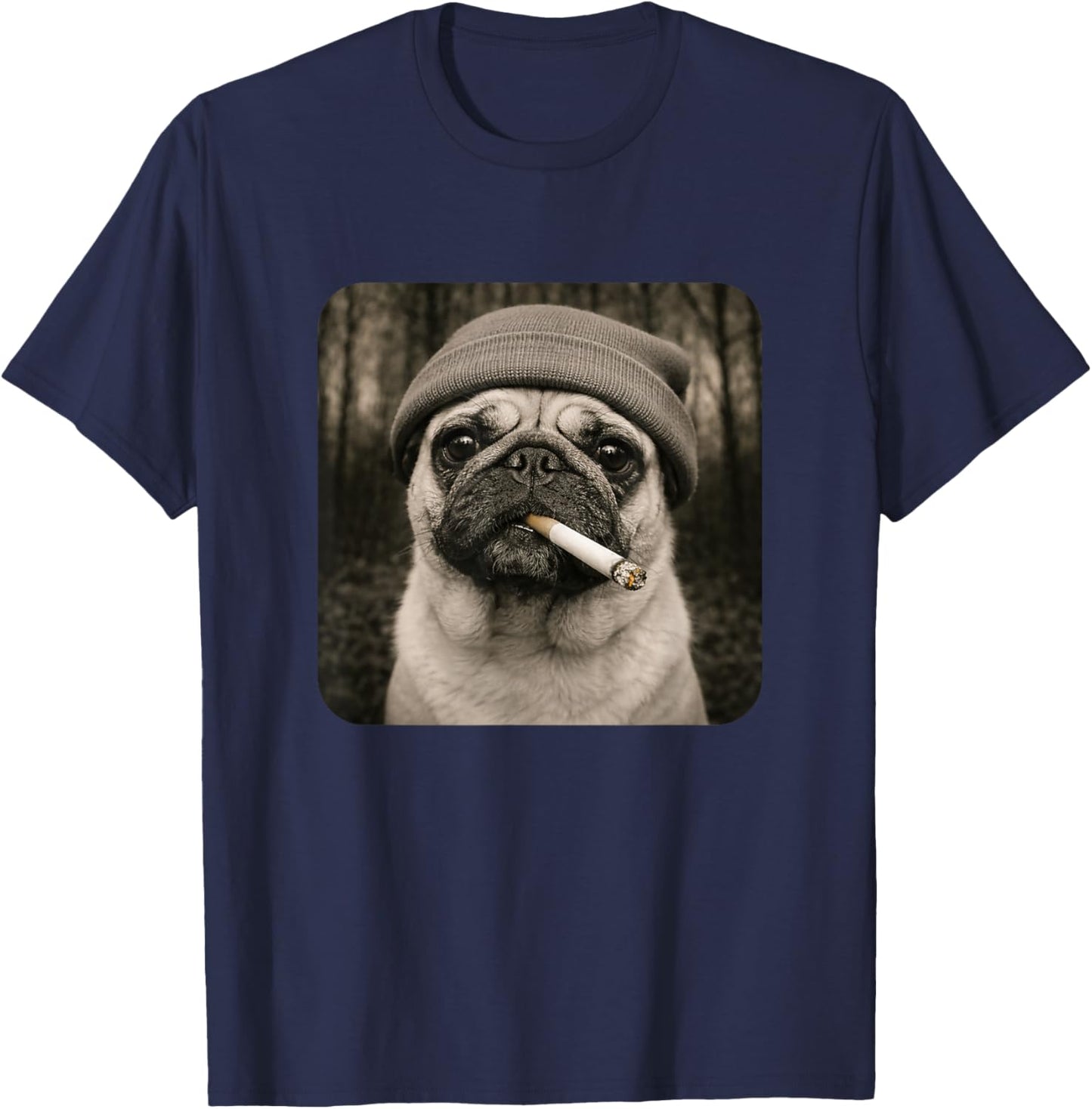 Funny Smoking Pug Dog Meme Cigarette Grunge Beanie Cigarette T-Shirt - T-Shirt | Navy