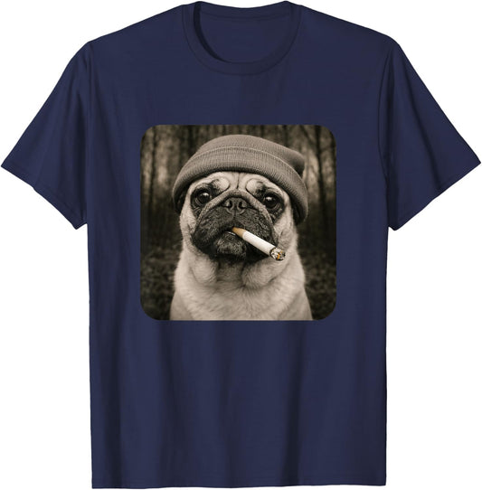 Funny Smoking Pug Dog Meme Cigarette Grunge Beanie Cigarette T-Shirt - T-Shirt | Navy