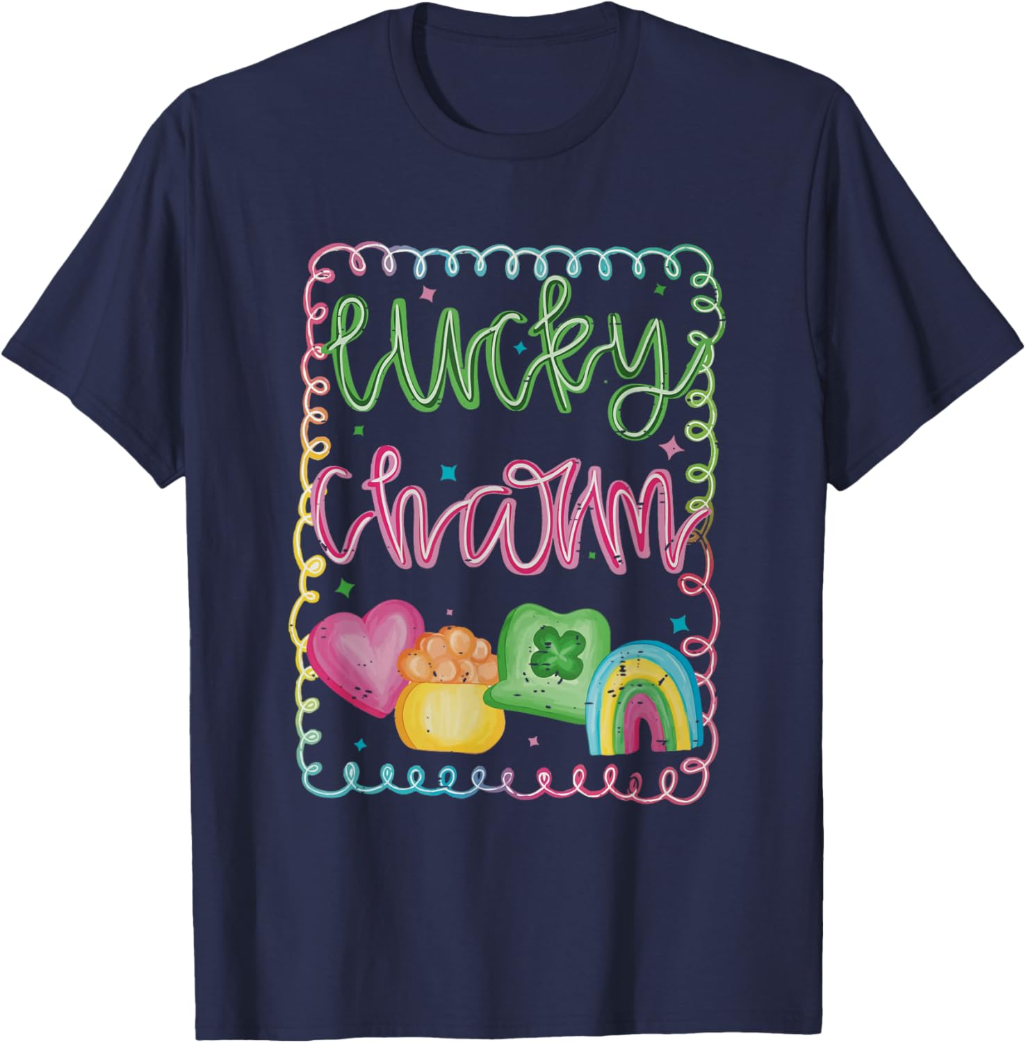 Retro Lucky Charm Rainbow Clover Irish Girly St Patricks Day T-Shirt - T-Shirt | Navy
