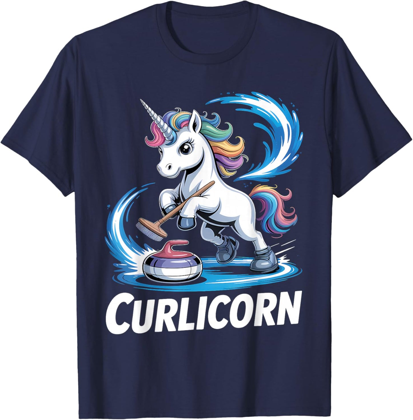 Ice Curling Player Unicorn Ice Sport Funny Curling Sport T-Shirt - T-Shirt | Navy