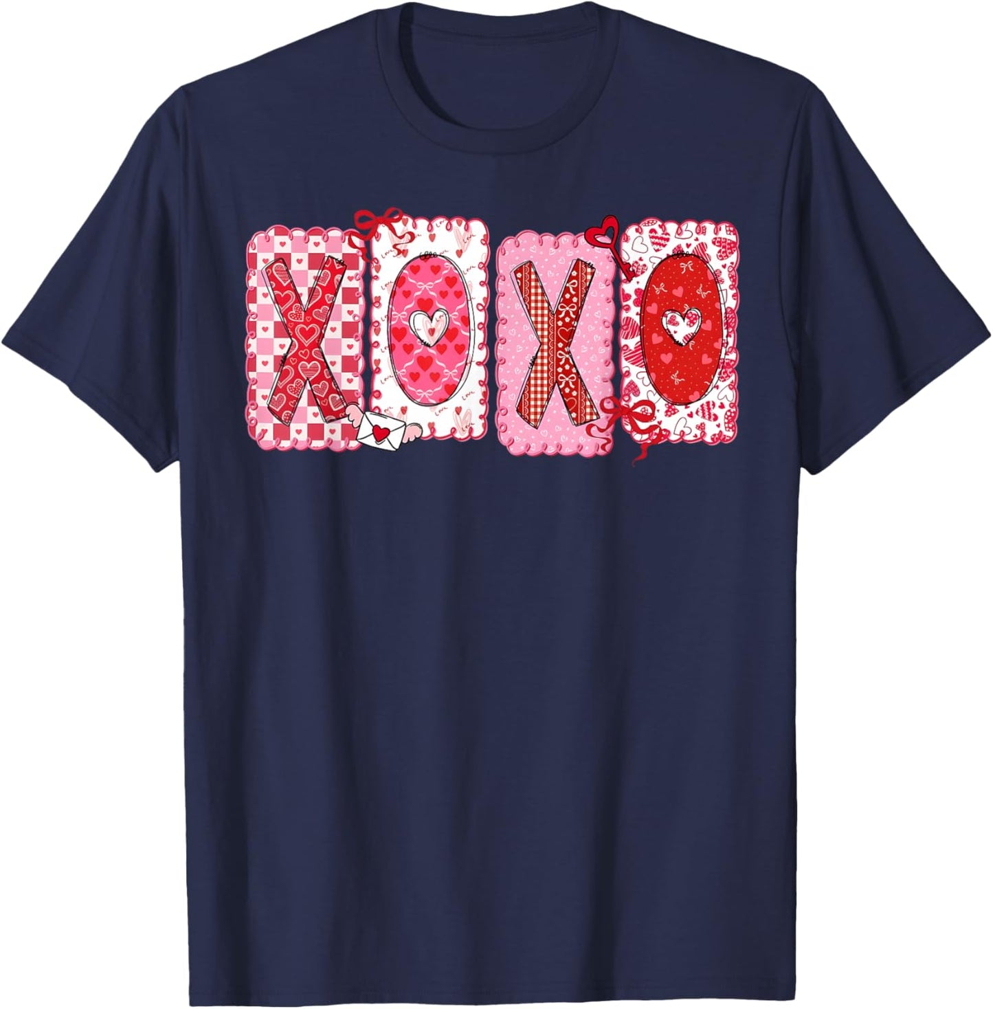Happy Valentine Coquette Bow XOXO Hugs & Kisses Girl Women T-Shirt - T-Shirt | Navy