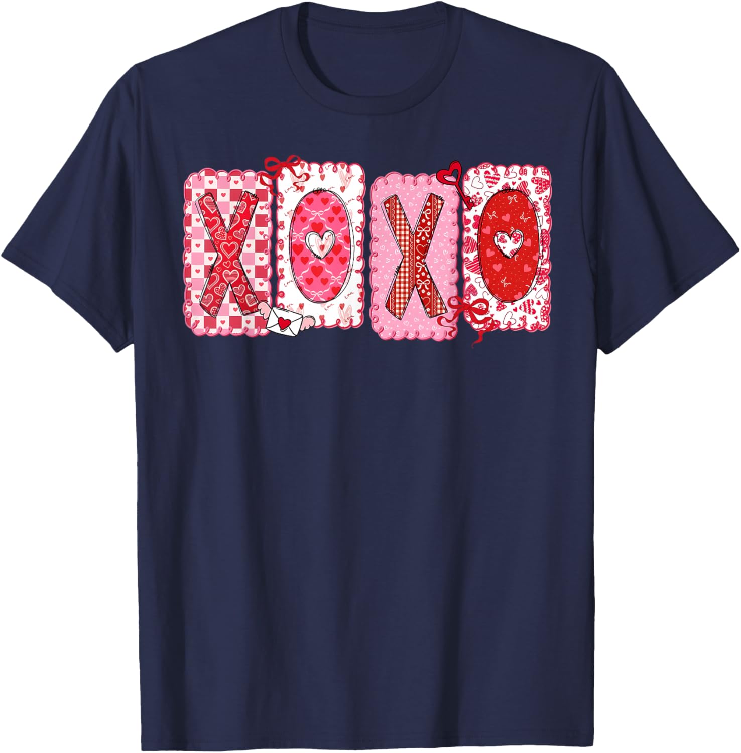 Happy Valentine Coquette Bow XOXO Hugs & Kisses Girl Women T-Shirt - T-Shirt | Navy
