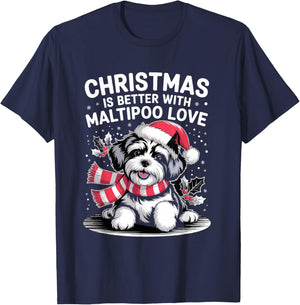 Cute Xmas Puppy Dog Christmas is Better with Maltipoo Love T-Shirt - T-Shirt | Navy