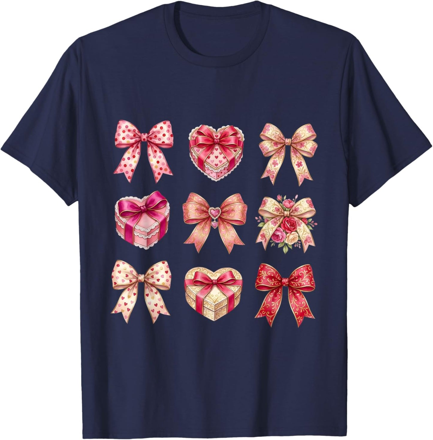 Valentines Day Hearts Coquette Bow Women Girls Boys T-Shirt - T-Shirt | Navy