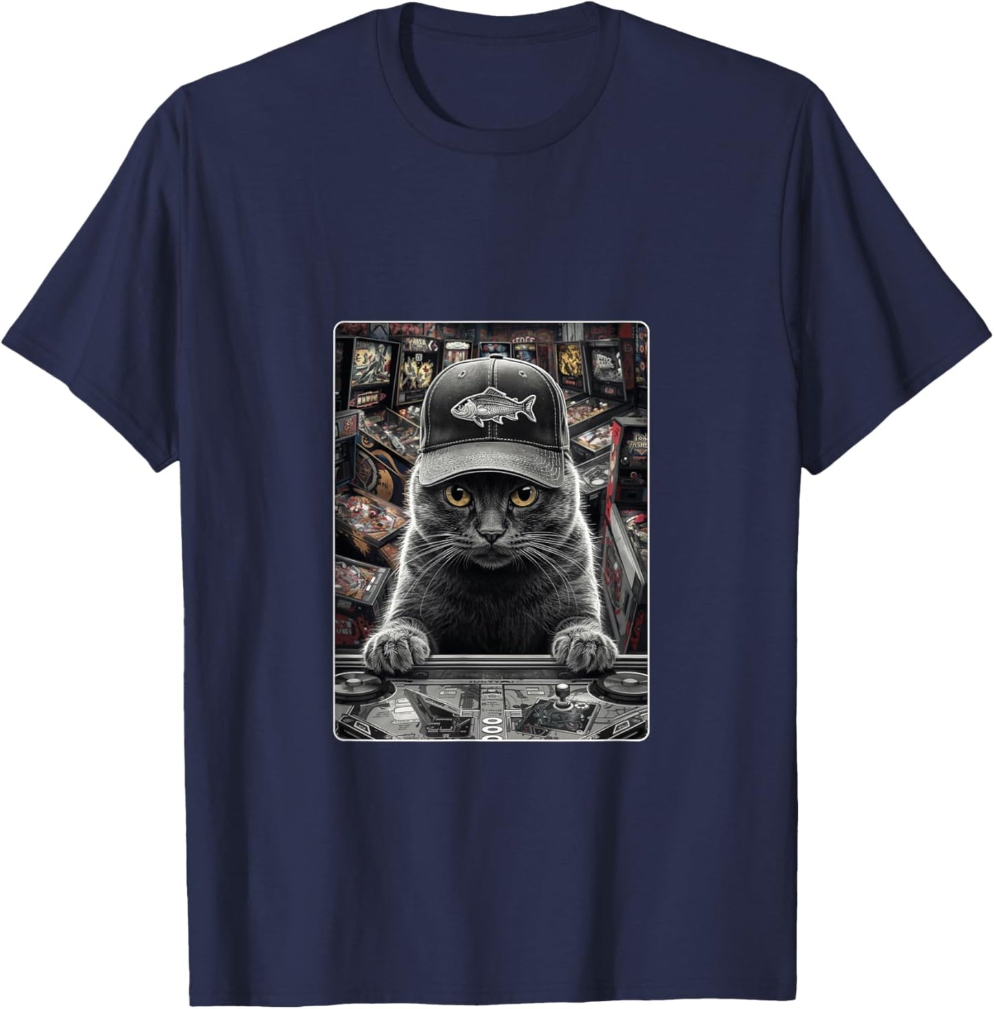 Cat, Video Game, Retro Gaming, Arcade, Funny Cat Graphic T-Shirt - T-Shirt | Navy