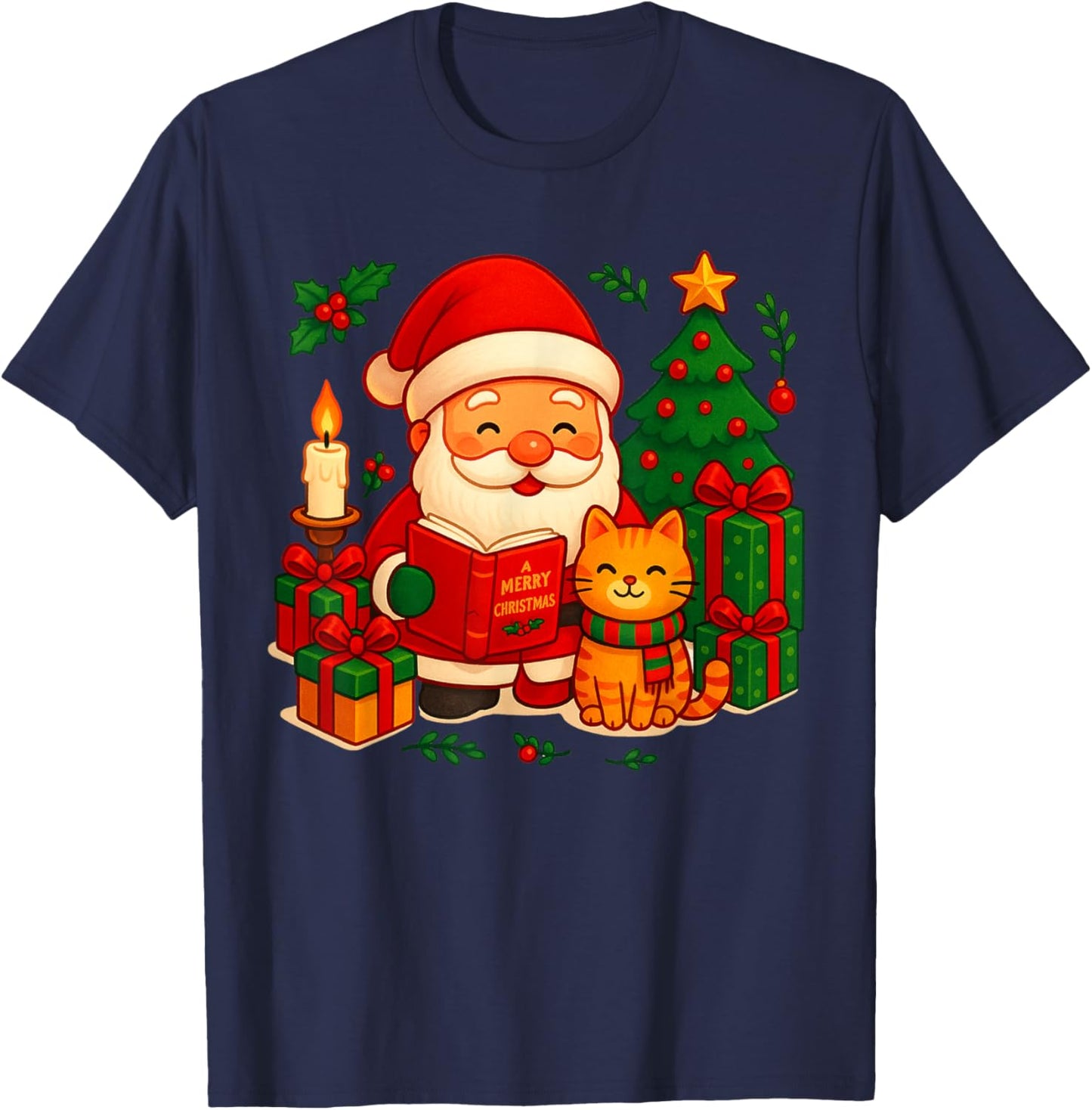 Santa Reading Book Cute Cat Christmas Xmas Women Girls Kids T-Shirt - T-Shirt | Navy