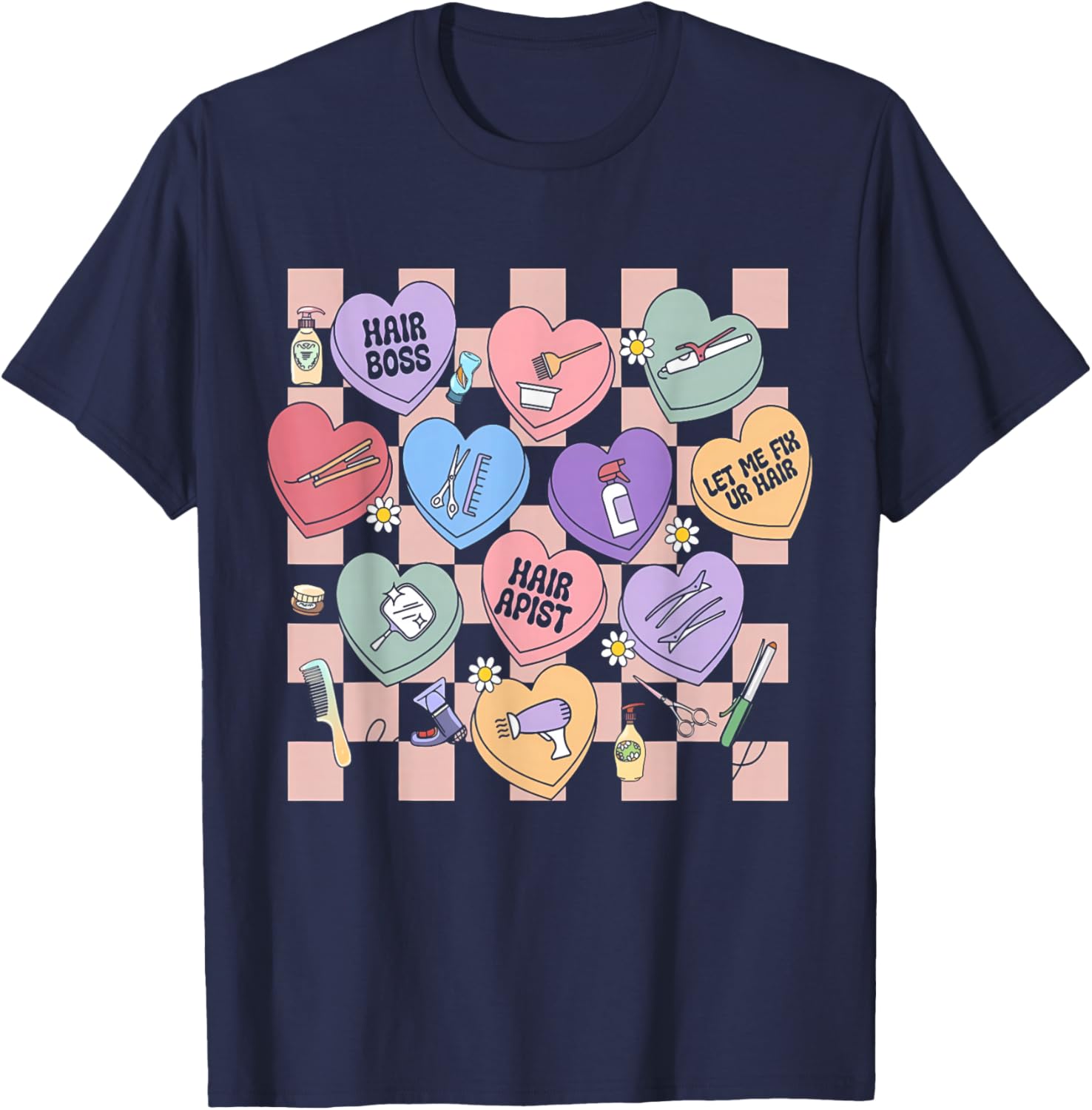 Checkered Hairstylist Heart Candy Valentines Hairdresser T-Shirt - T-Shirt | Navy