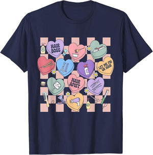 Checkered Hairstylist Heart Candy Valentines Hairdresser T-Shirt - T-Shirt | Navy