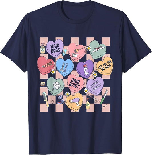 Checkered Hairstylist Heart Candy Valentines Hairdresser T-Shirt - T-Shirt | Navy