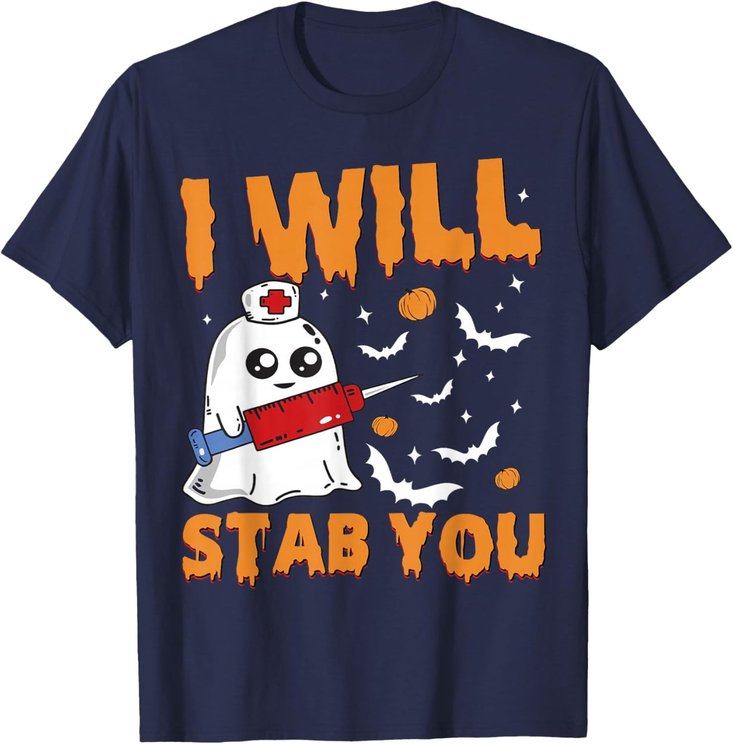 I Will Stab You Ghost Nurse Retro Funny Halloween for Nurses T-Shirt - T-Shirt | Navy