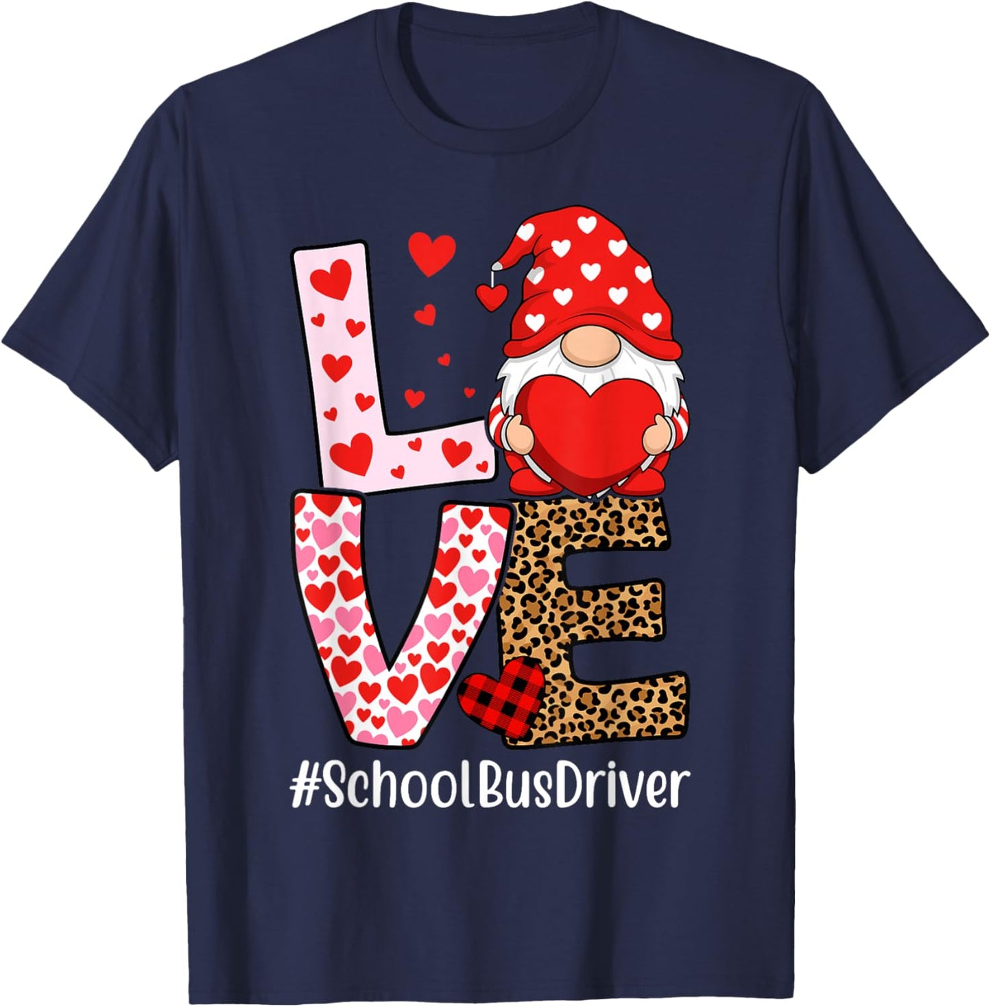 School Bus Driver Love Gnome Heart Valentine's Day T-Shirt - T-Shirt | Navy