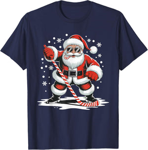Hockey Christmas Santa Playing Sport Skating Candy Cane Fun T-Shirt - T-Shirt | Navy