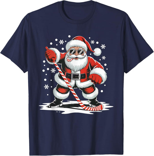 Hockey Christmas Santa Playing Sport Skating Candy Cane Fun T-Shirt - T-Shirt | Navy