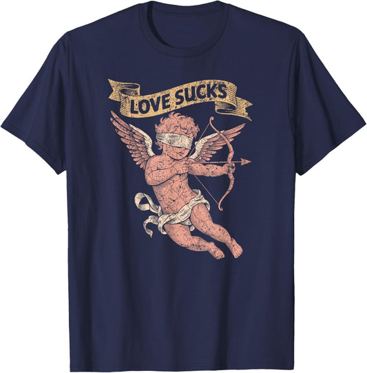 Love Sucks Blind Faded Cupid Singles Design T-Shirt - T-Shirt | Navy