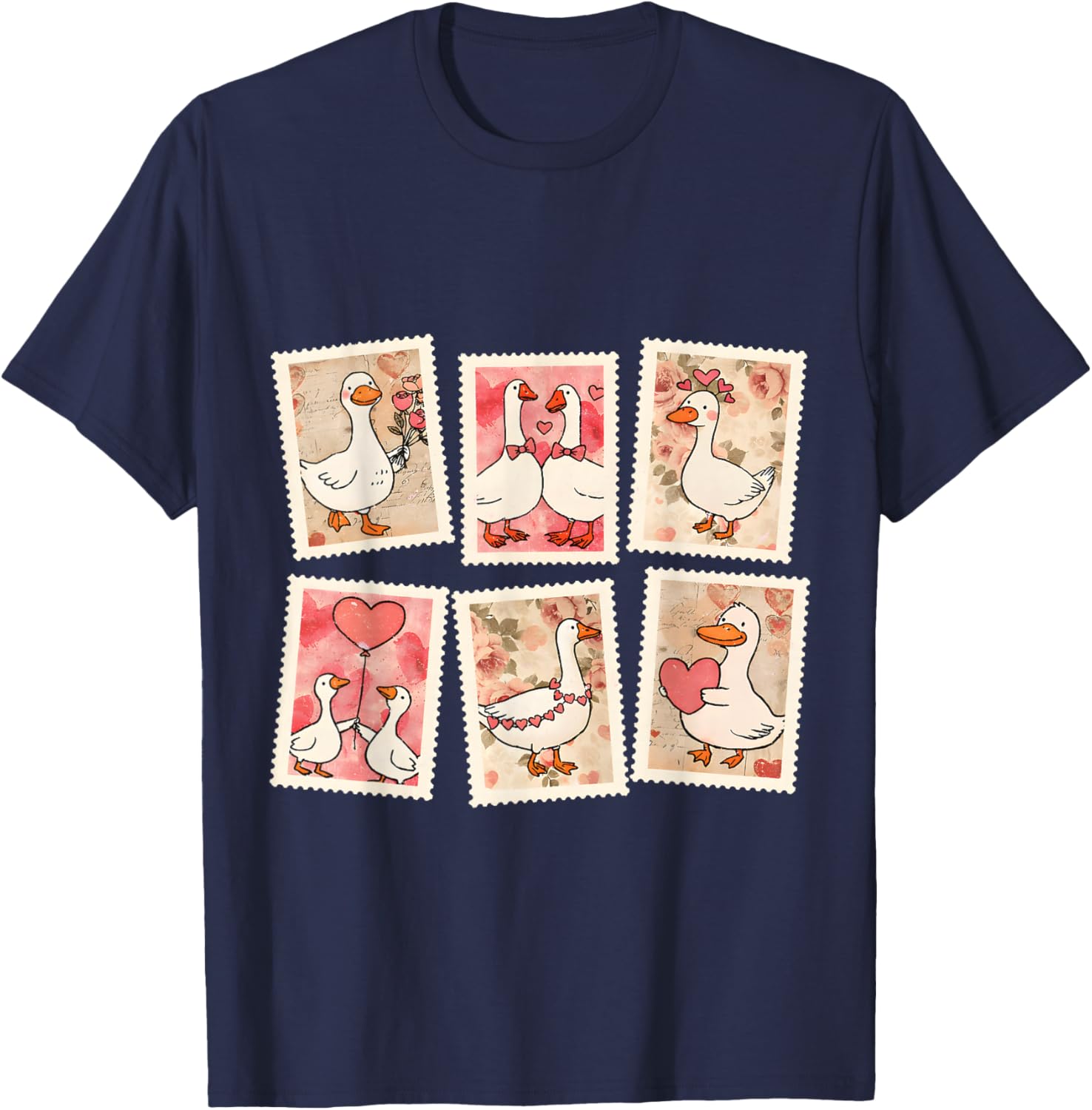 Vintage Valentine Goose XOXO Be Mine Love Stamps Silly Goose T-Shirt - T-Shirt | Navy