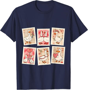 Vintage Valentine Goose XOXO Be Mine Love Stamps Silly Goose T-Shirt - T-Shirt | Navy