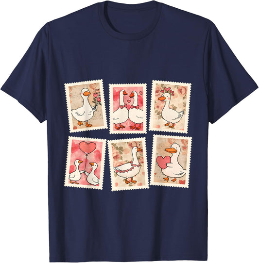 Vintage Valentine Goose XOXO Be Mine Love Stamps Silly Goose T-Shirt - T-Shirt | Navy