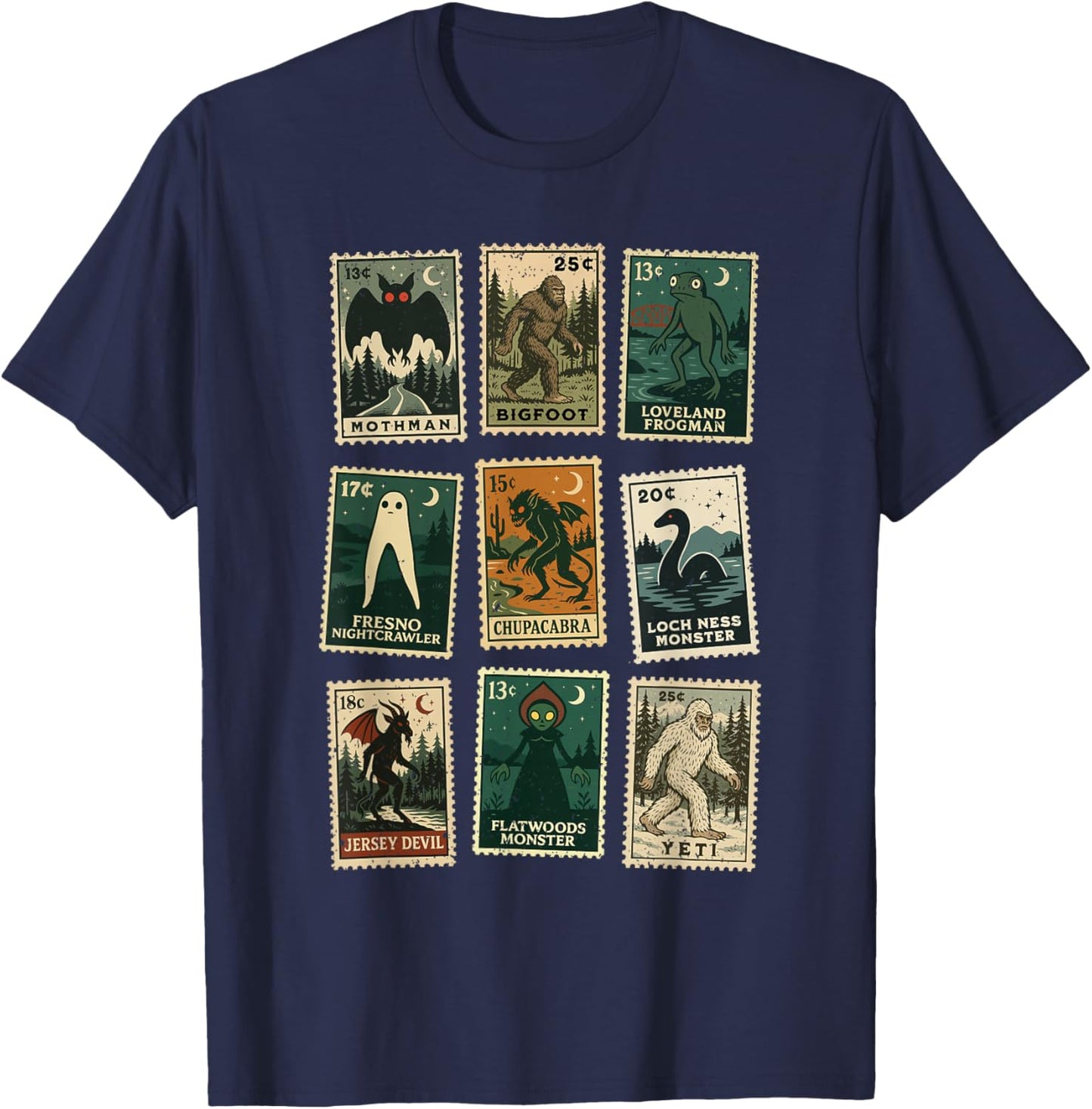 Cryptid Monster Stamps T-Shirt - T-Shirt | Navy