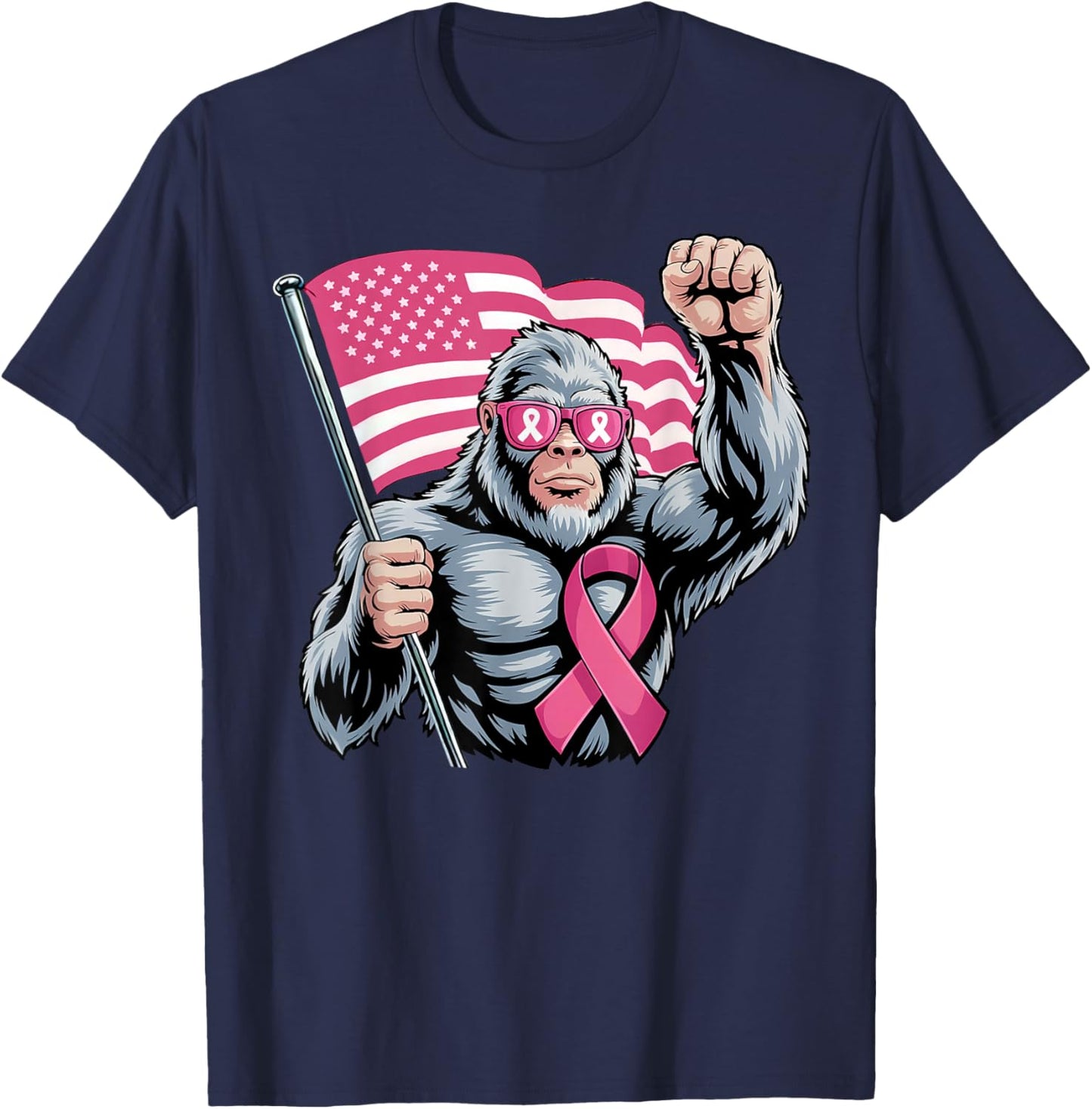 Bigfoot Pink Ribbon Fight Breast Cancer Awareness T-Shirt - T-Shirt | Navy