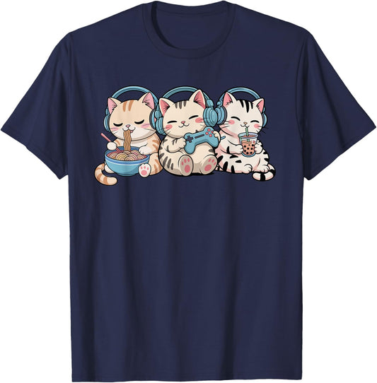 Anime Gaming Kawaii Cat Boba Tea Ramen Funny Gamer Cats T-Shirt - T-Shirt | Navy