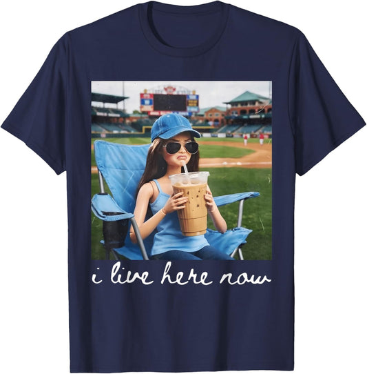 I Live Here Now Funny Ballfield Baseball Girl Softball Meme T-Shirt - T-Shirt | Navy