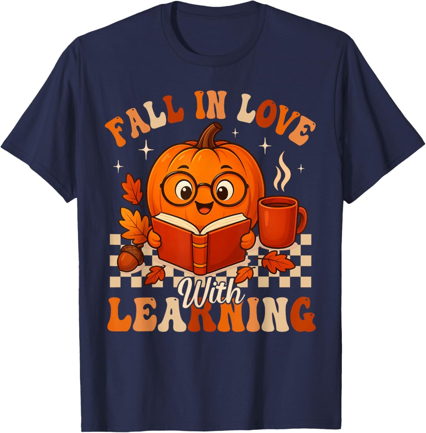 Fall in Love with Learning Pumpkin Book Autumn Halloween T-Shirt - T-Shirt | Navy