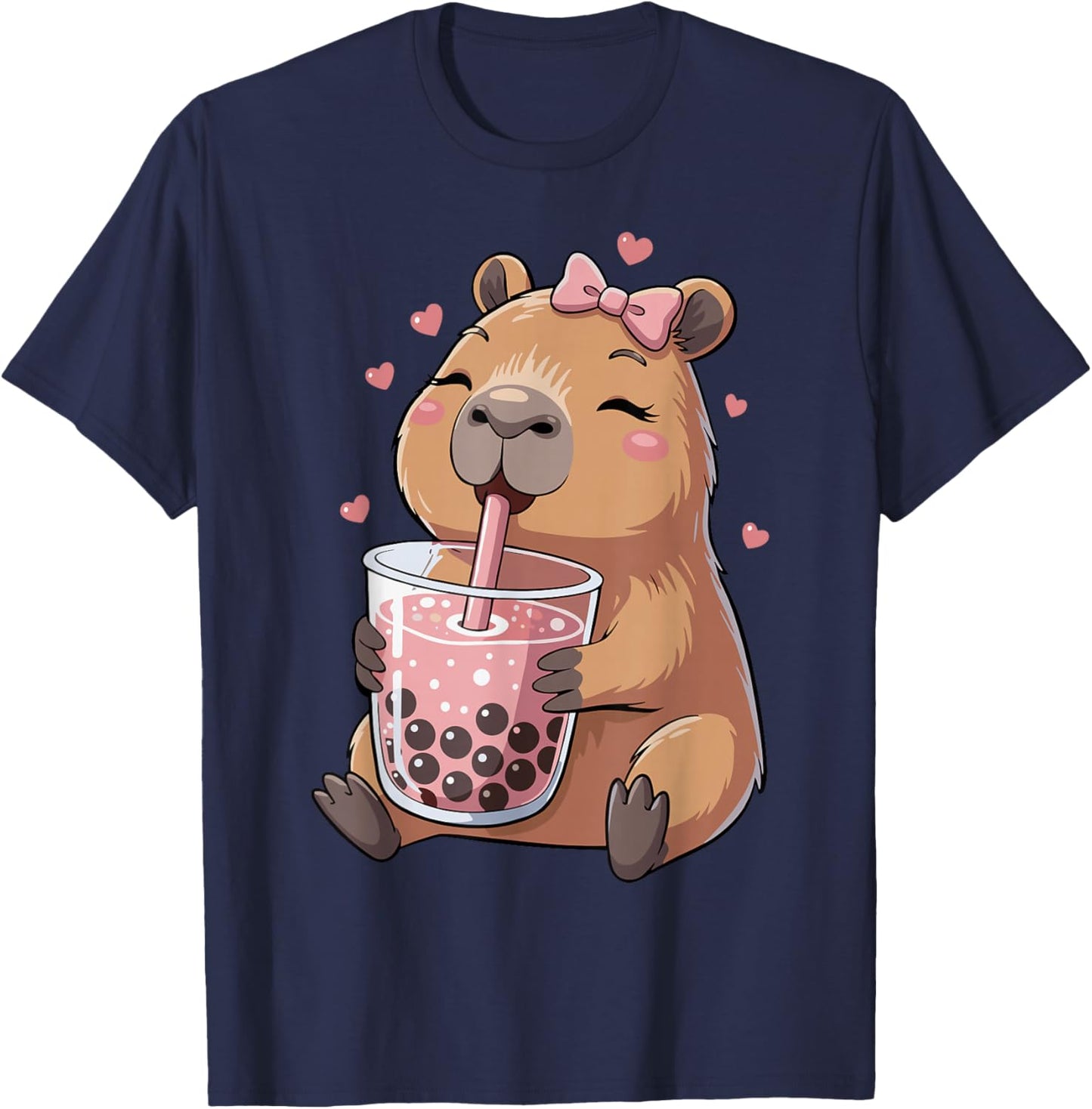 Cute Capybara Drinking Bubble Tea, for Girls, Capybara T-Shirt - T-Shirt | Navy