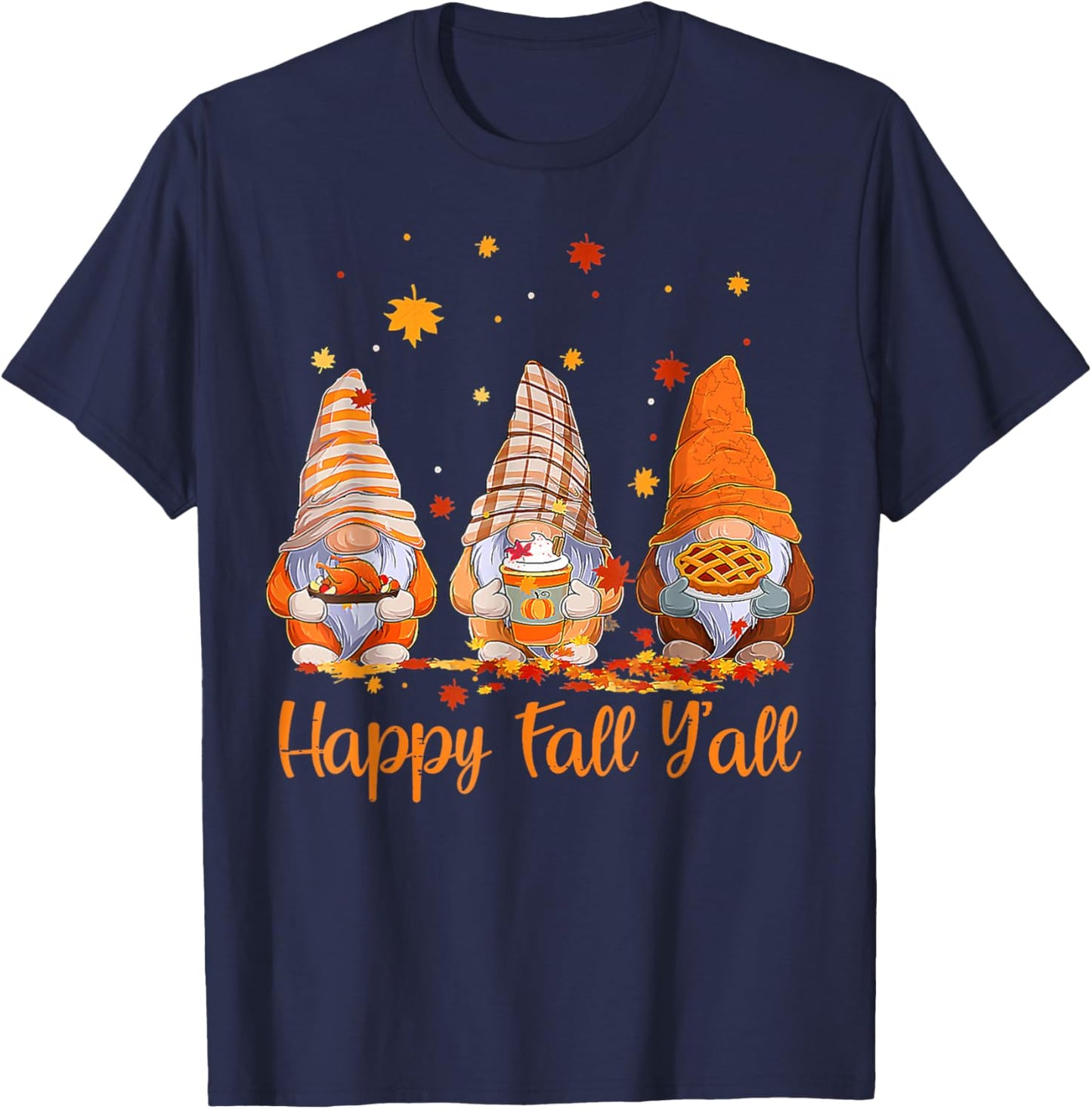 Happy Fall Y'all Gnome Pumpkin Autumn Thanksgiving T-Shirt - T-Shirt | Navy