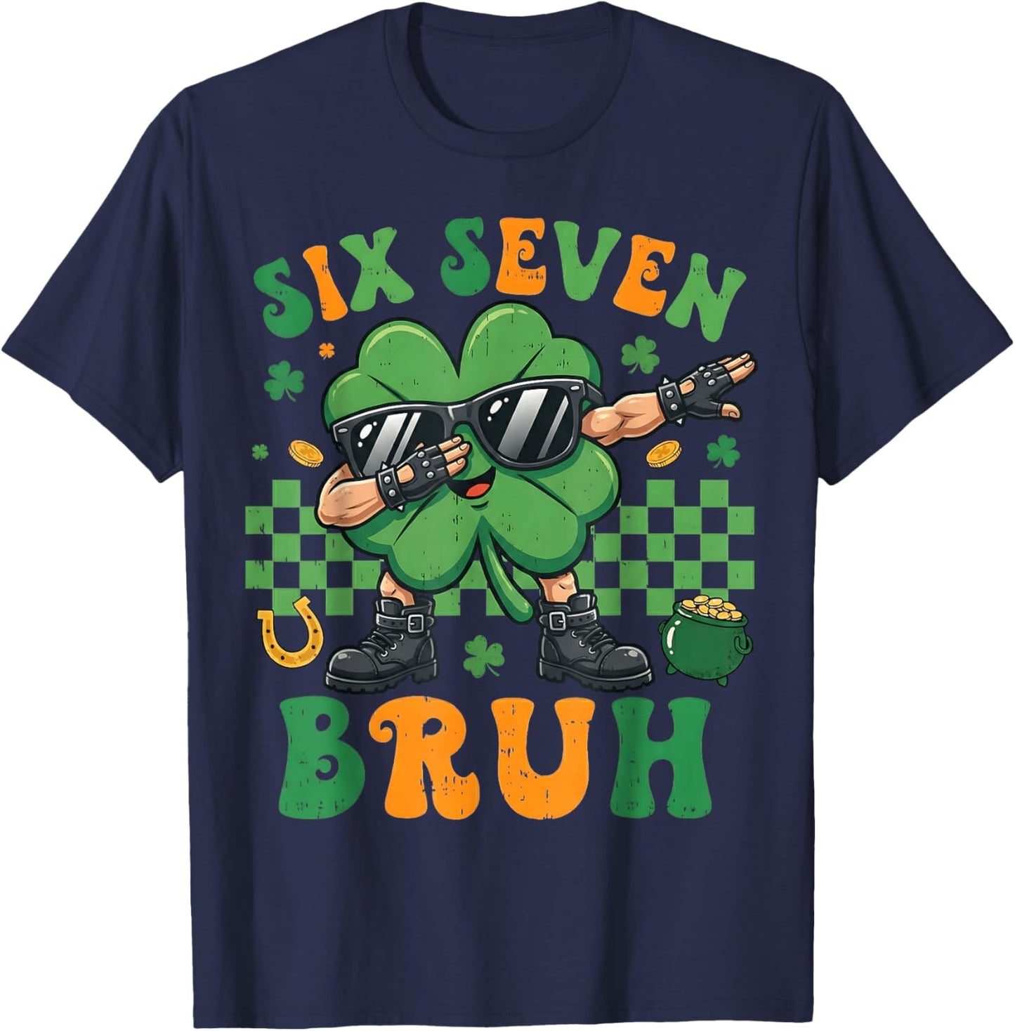 Six Seven Bruh St Patricks Day Boys Kids 67 Dabbing Shamrock T-Shirt - T-Shirt | Navy