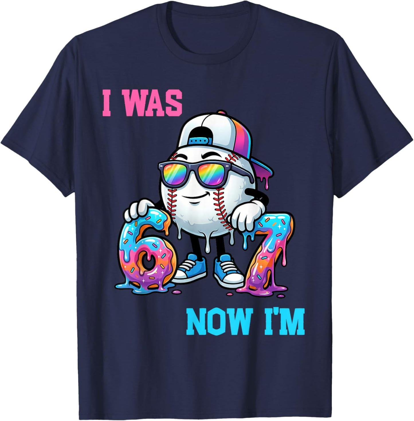 I was 6 Now I'm 7 Baseball Birthday Drip Ice Cream Boy T-Shirt - T-Shirt | Navy