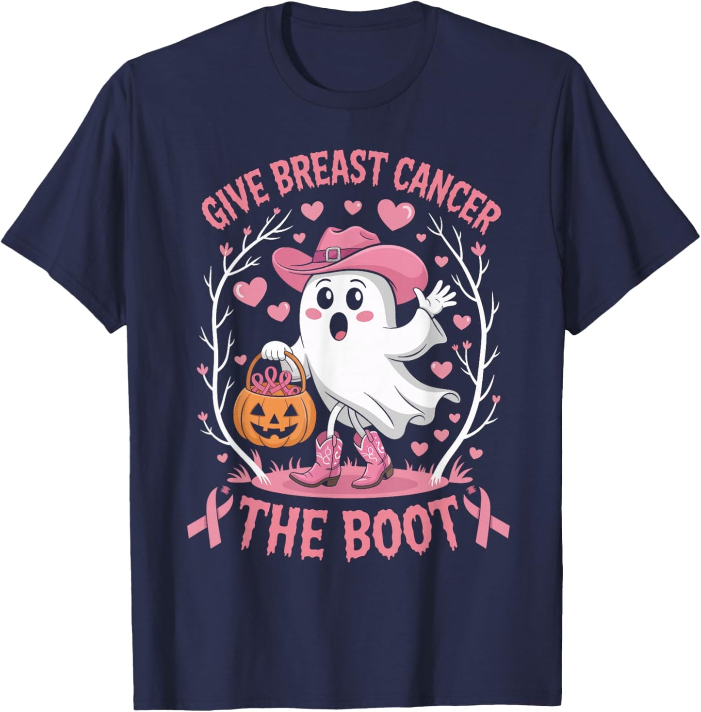 Give Breast Cancer The Boot Ghost Cowgirl Cancer Awareness T-Shirt - T-Shirt | Navy