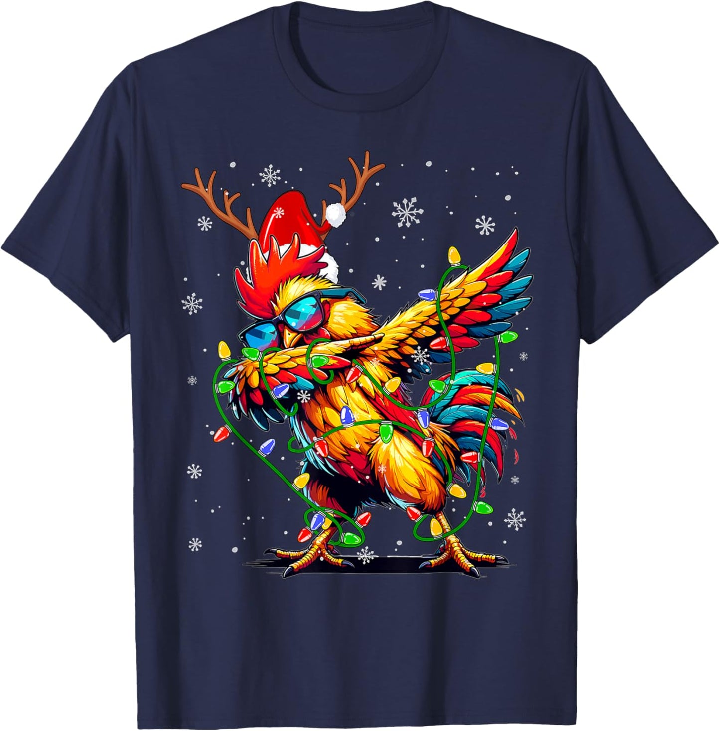 Funny Christmas Lights Chicken Santa Dabbing Xmas Tree T-Shirt - T-Shirt | Navy