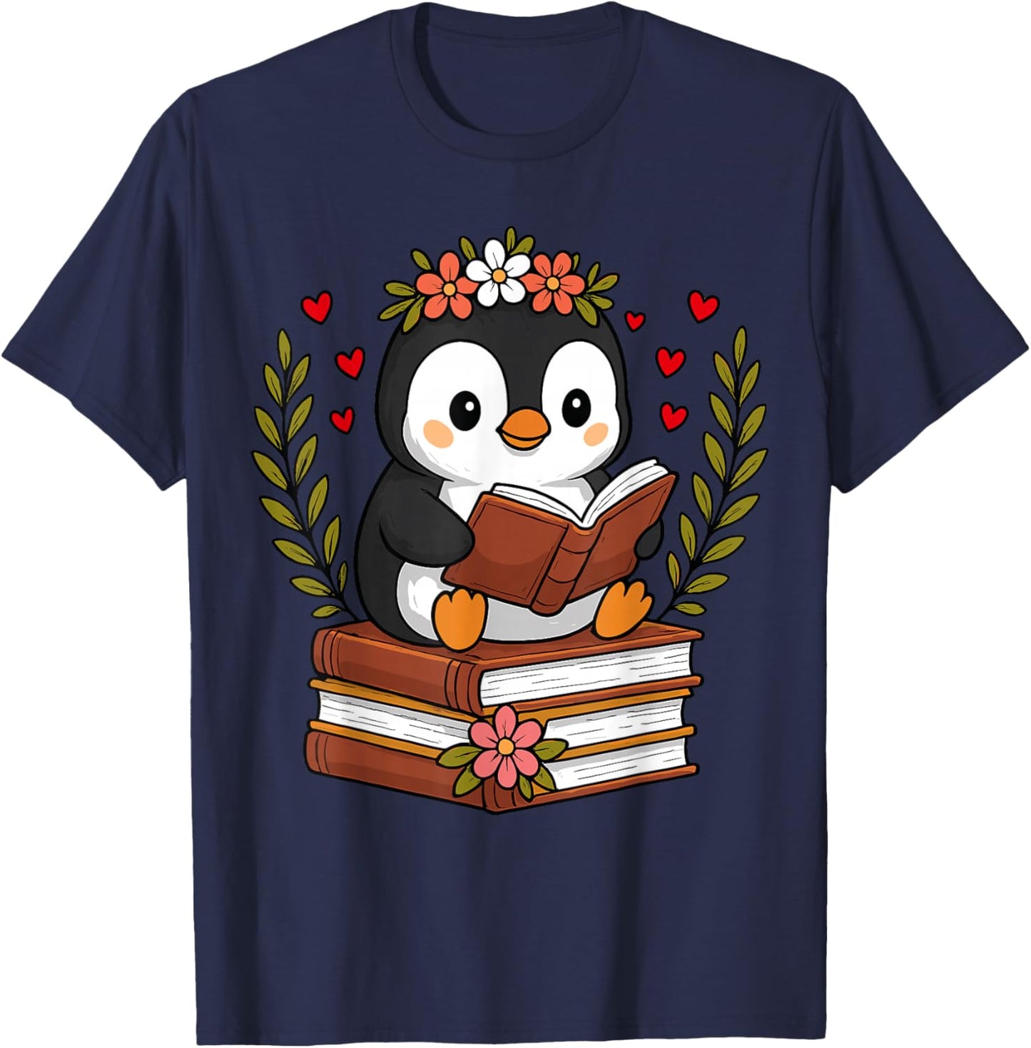 Penguin Reading Book Graphic Penguin with Book Floral T-Shirt - T-Shirt | Navy