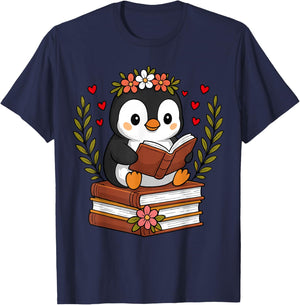 Penguin Reading Book Graphic Penguin with Book Floral T-Shirt - T-Shirt | Navy