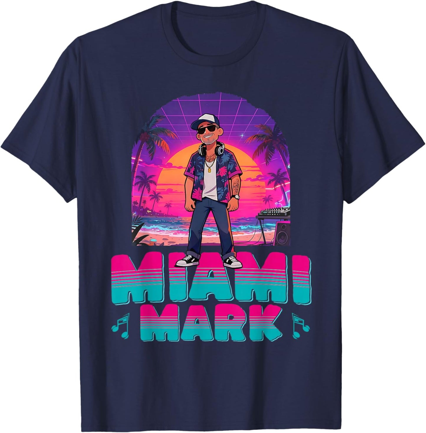 Retro DJ Miami Mark Disc Jockey 80s Flare Novelty T-Shirt - T-Shirt | Navy