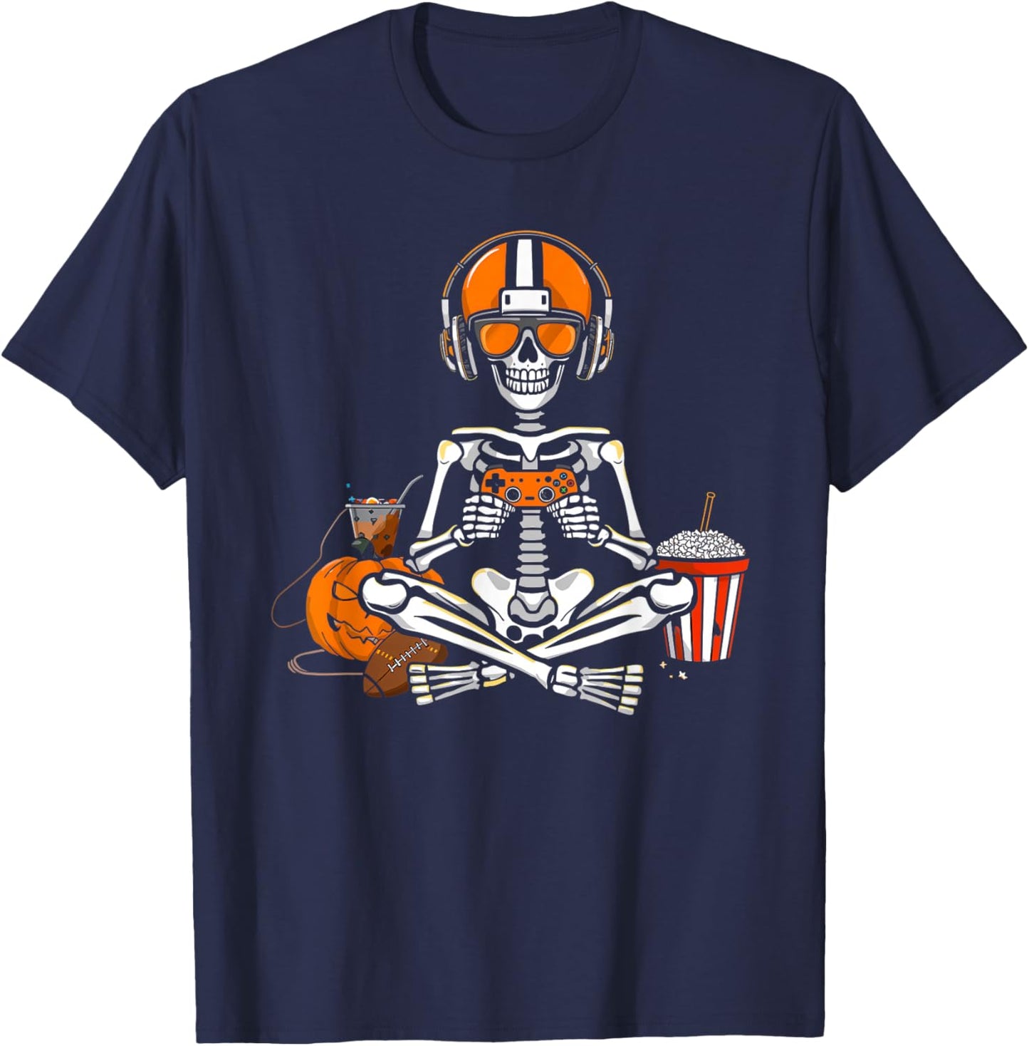 Skeleton Football Halloween Gamer Video Gaming Boys Men Kids T-Shirt - T-Shirt | Navy
