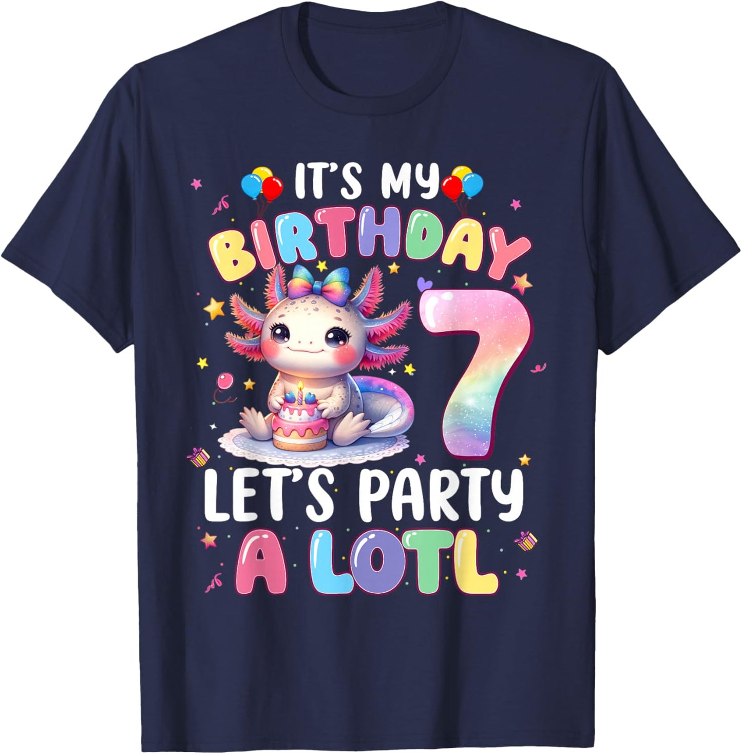 I'm 7th Birthday Girl Cute Axolotl 7 Year Old Bday Kids T-Shirt - T-Shirt | Navy
