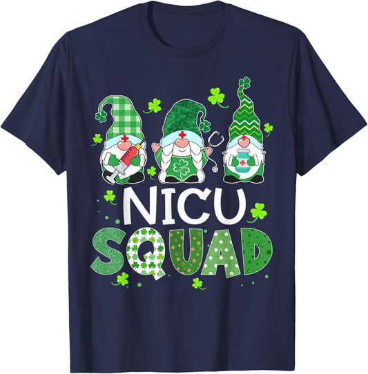 NICU Squad Gnome Nurse Stethoscope Shamrock St Patricks Day T-Shirt - T-Shirt | Navy