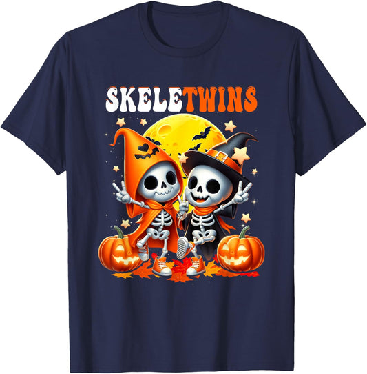 Twins Halloween Matching Skeletwins Funny Dancing Skeletons T-Shirt - T-Shirt | Navy