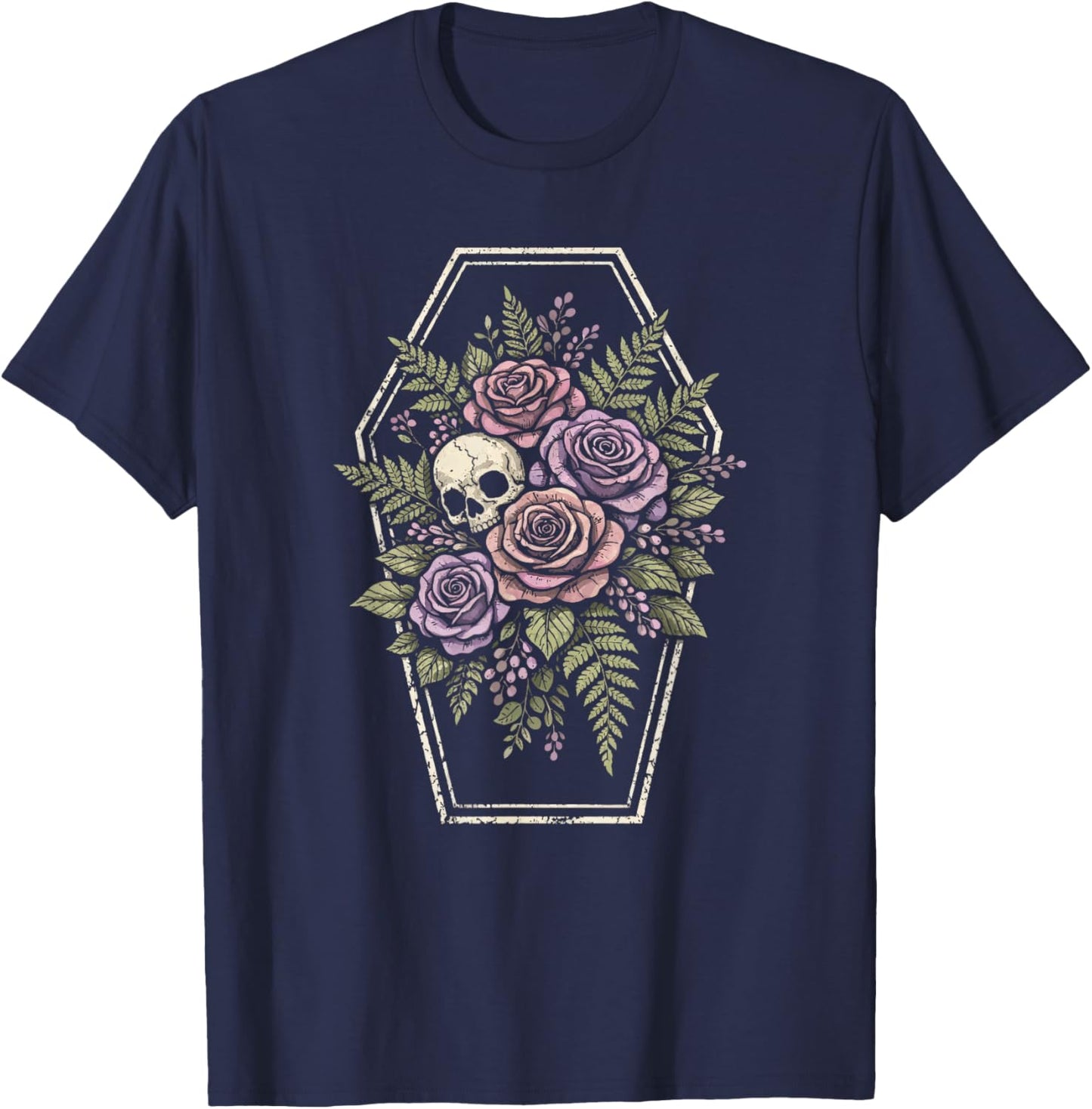 Skull Goth Flower Floral Coffin Grunge Dark Alt Aesthetic T-Shirt - T-Shirt | Navy