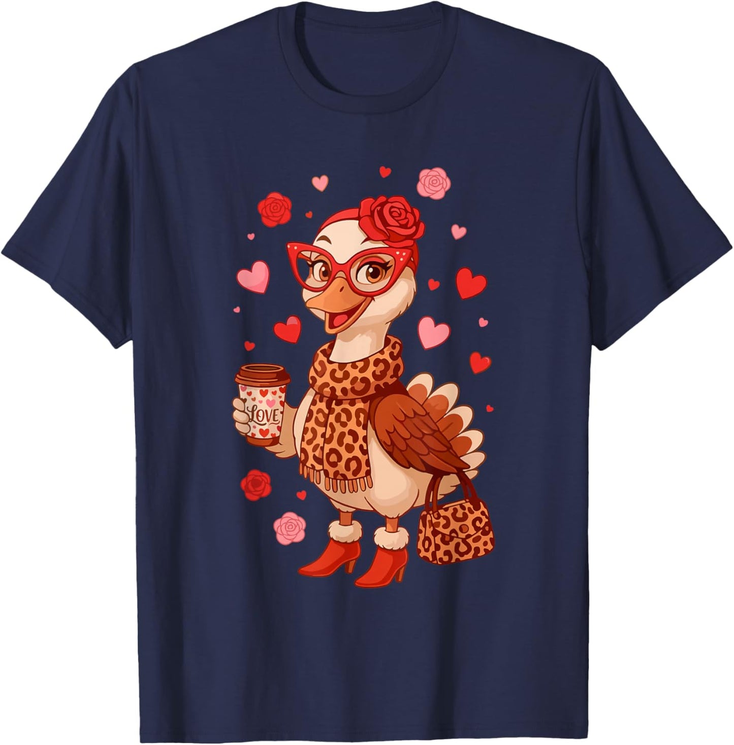 Valentine Goose Leopard Heart Retro T-Shirt - T-Shirt | Navy