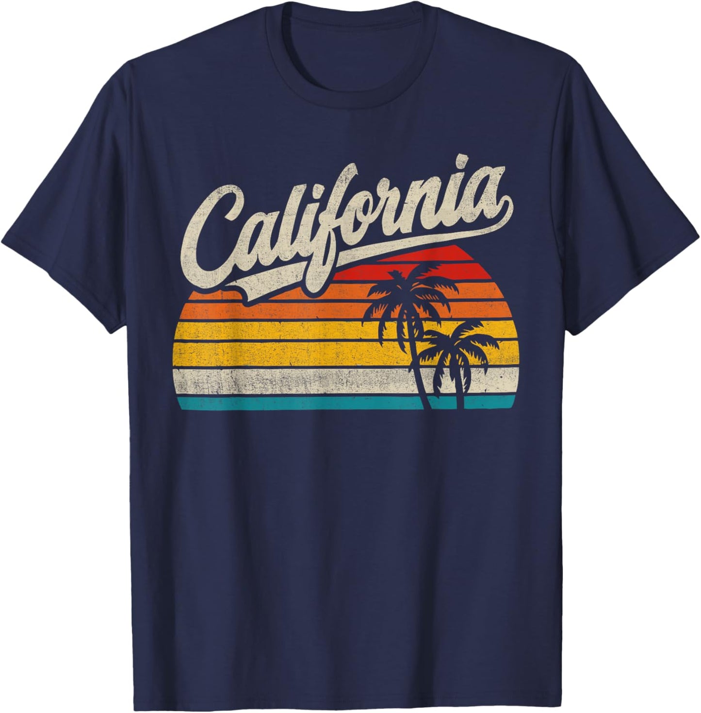 Vintage California Sunset Palm Trees Summer Vacation Vibes T-Shirt - T-Shirt | Navy