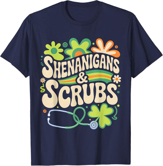 Groovy St Patricks Day Shenanigans Scrub Saint Pattys Nurse T-Shirt - T-Shirt | Navy