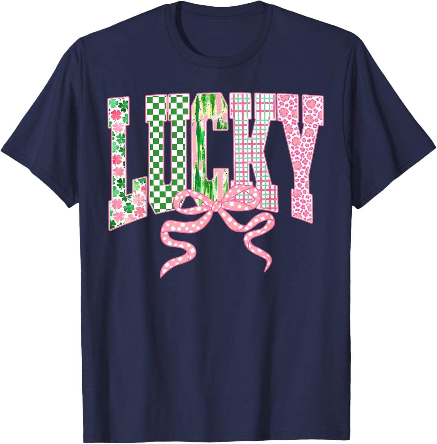 Retro Lucky Patricks Day Coquette Bow Shamrock Women Girls T-Shirt - T-Shirt | Navy