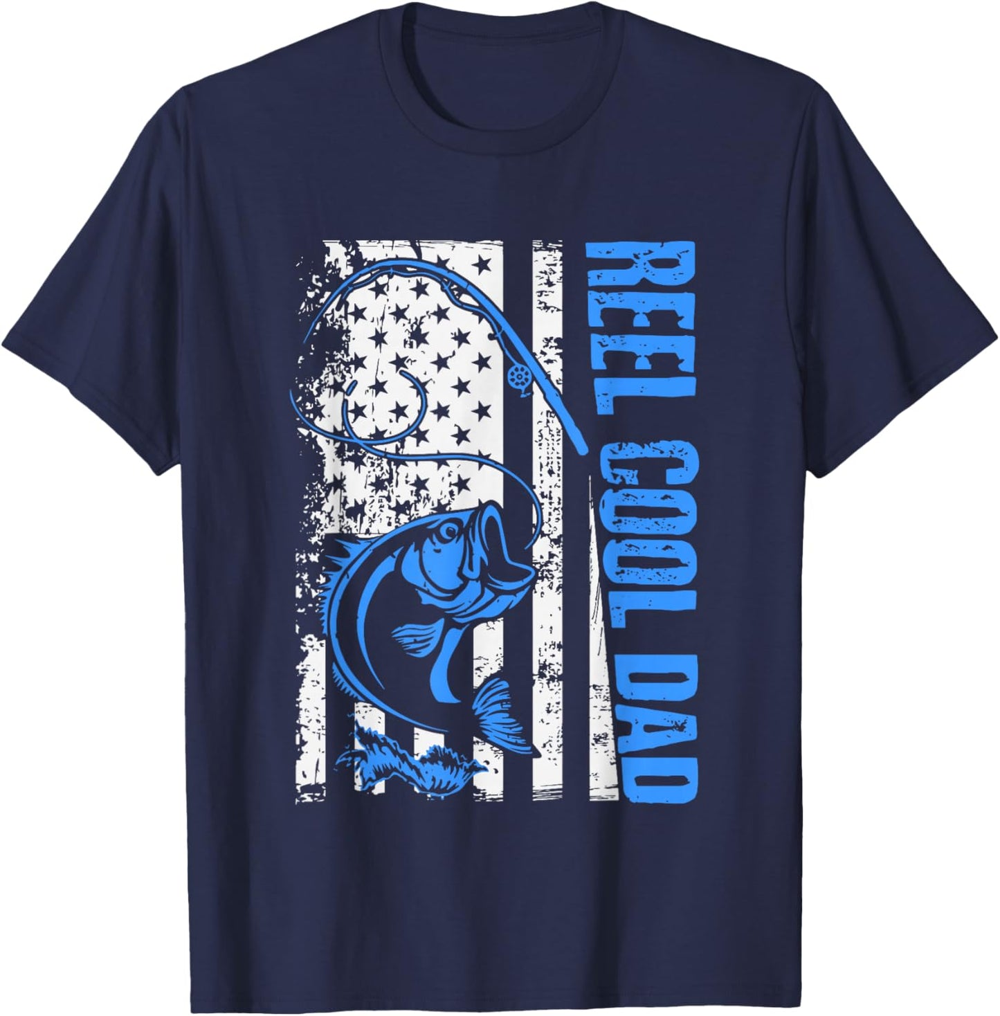Reel Cool Dad Funny America USA Flag Bass Fishing Papa Daddy T-Shirt - T-Shirt | Navy
