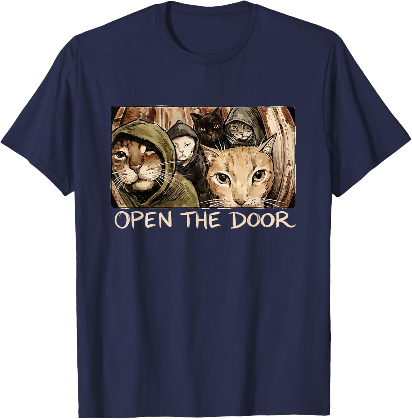 Vintage Open The Door Funny Meme Gang Sarcastic Cat Lover T-Shirt - T-Shirt | Navy